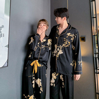 Black Imitation Silk Worn Outside Couple Pajamas Set For Men