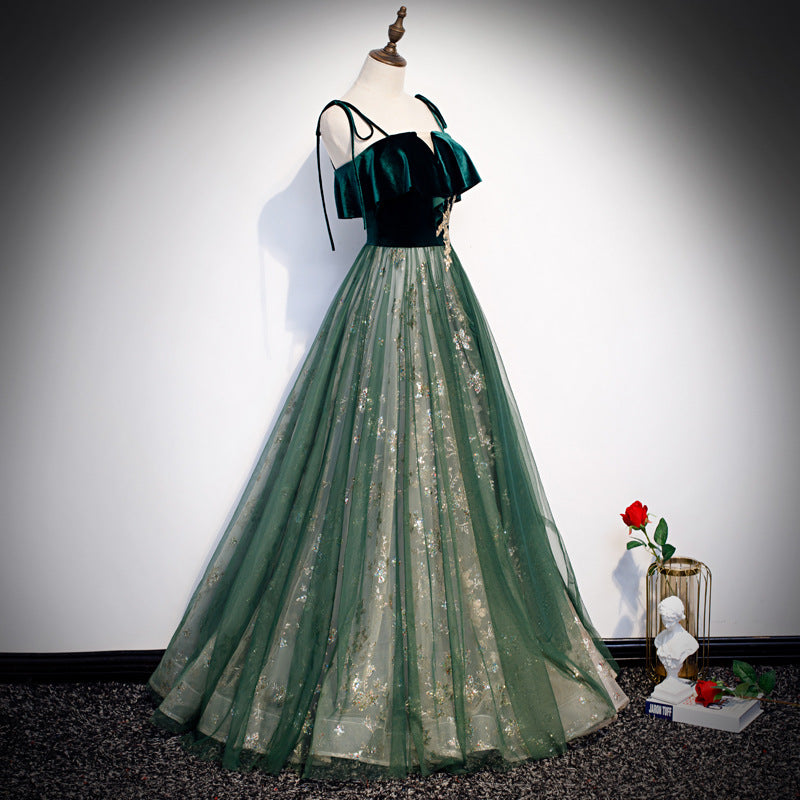 Banquet Sling Temperament Long Dress Dark Green Fantasy for women