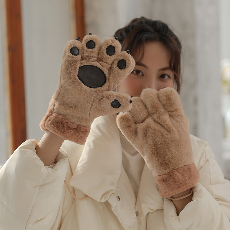 Cute Cartoon Bear Claw Plush Gloves Female Winter Warm Fleece-lined  for women