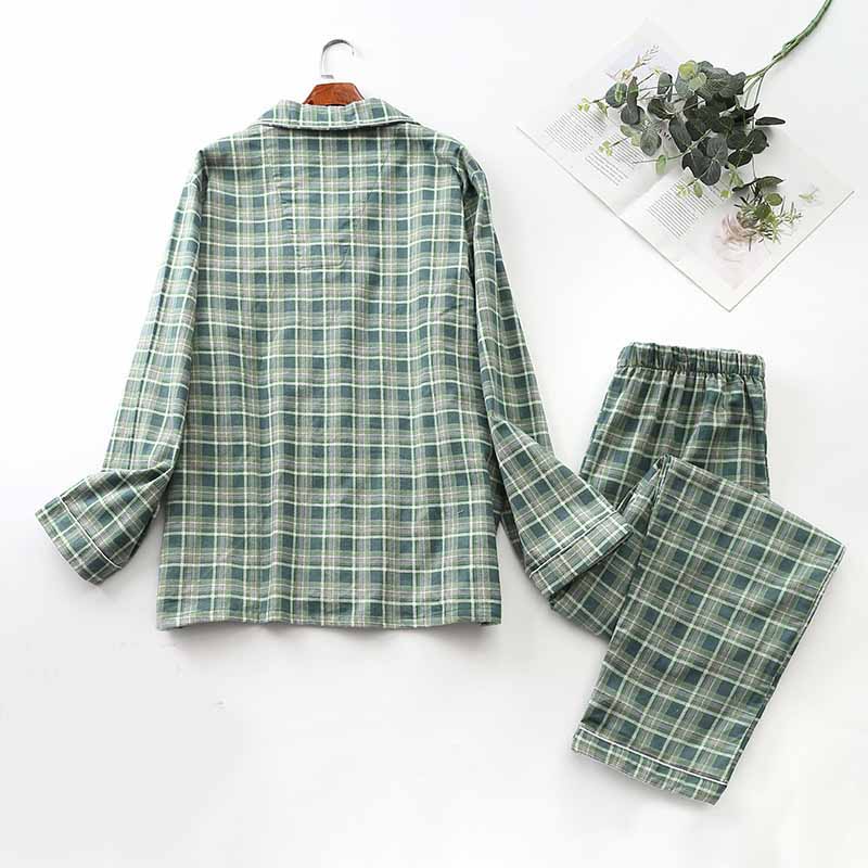 Long-Sleeved Brushed Plaid Pajama Set For Men