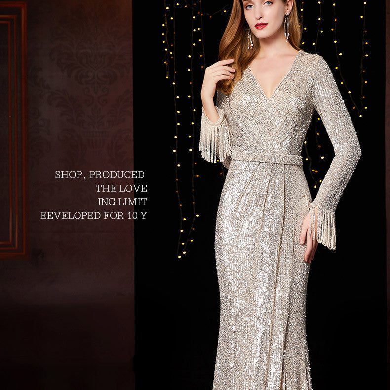 Temperament Banquet  Sequined Annual Meeting Host Long Evening Dress for women