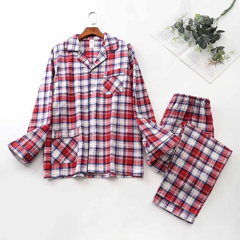 Long-Sleeved Brushed Plaid Pajama Set For Men