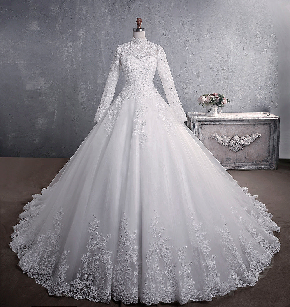 Bridal Stand-up Collar Long-sleeved Large Tail dress for women