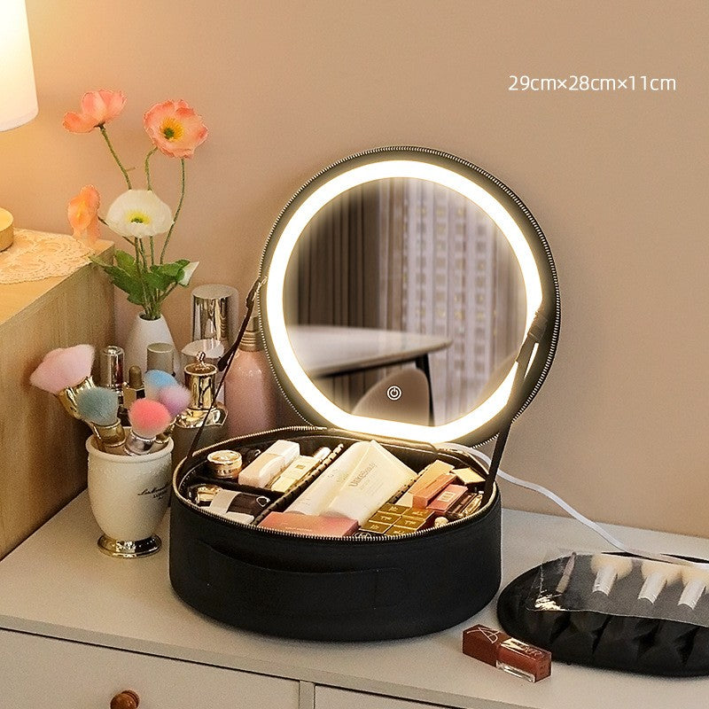 Round Smart LED Makeup Bag With Mirror Lights Women Beauty Bag Large Capacity PU Leather Travel Organizers Cosmetic Case