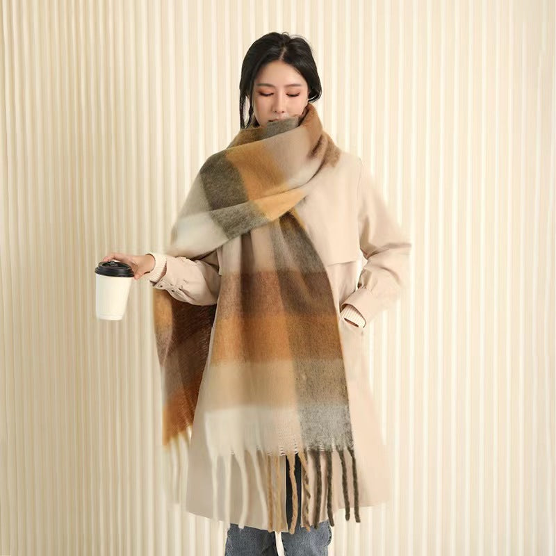 European And American Mohair Plush Warm Leisure Versatile Lattice Scarf