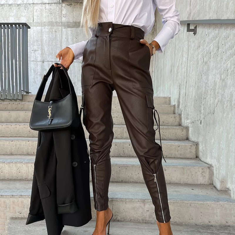 Leather Waist Skinny Trousers With Pockets For Women