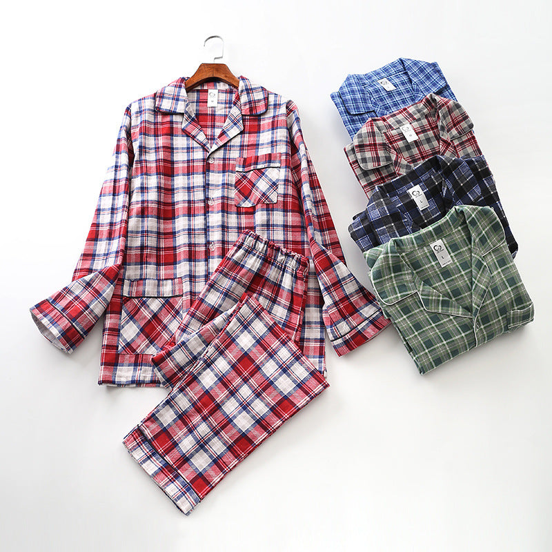 Long-Sleeved Brushed Plaid Pajama Set For Men