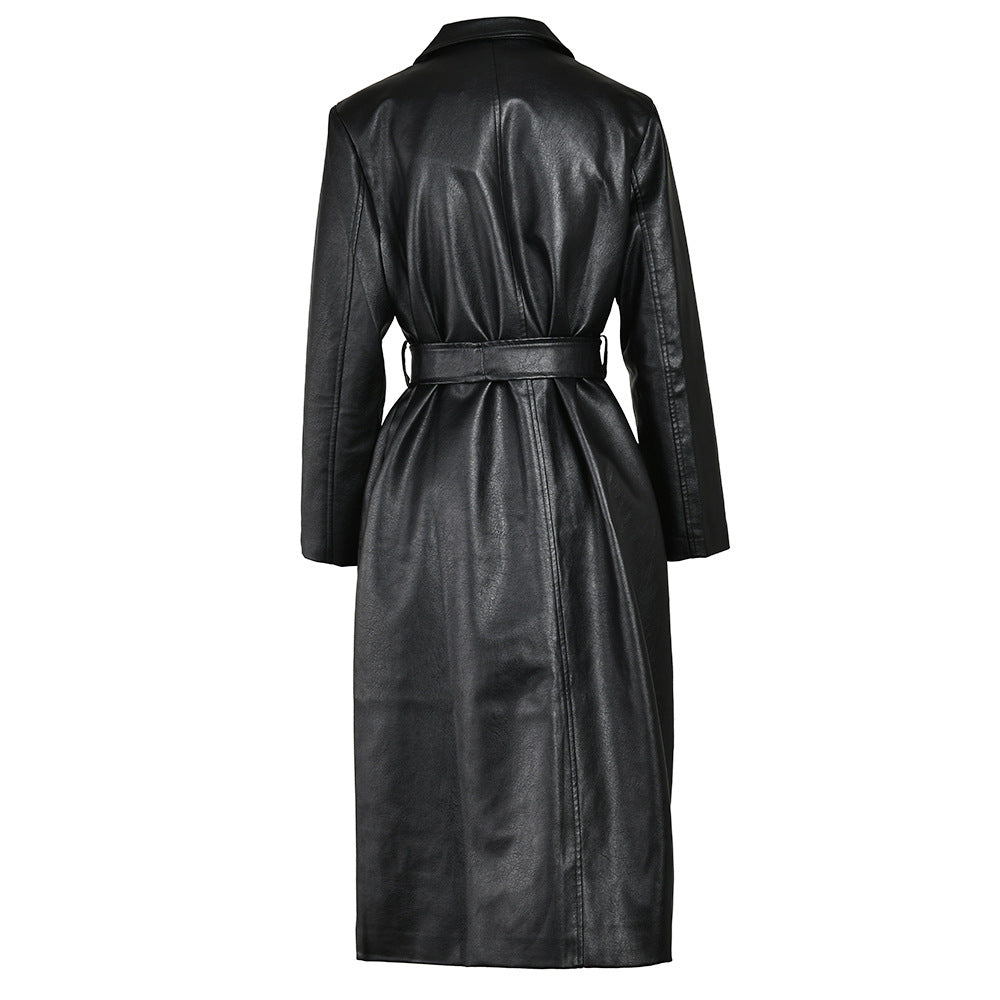 Waist-tight Thin Black  Long High-grade Windbreaker coat for women