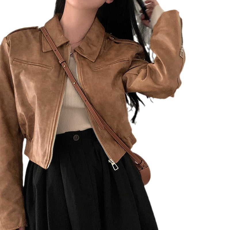 Hong Kong Style Lapel Long-sleeved Leather Jacket for girls