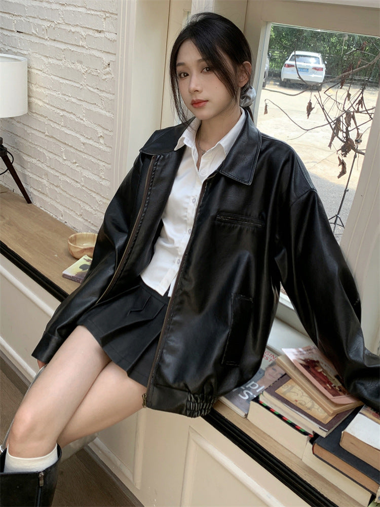 Retro Coffee Color Short Leather Jacket