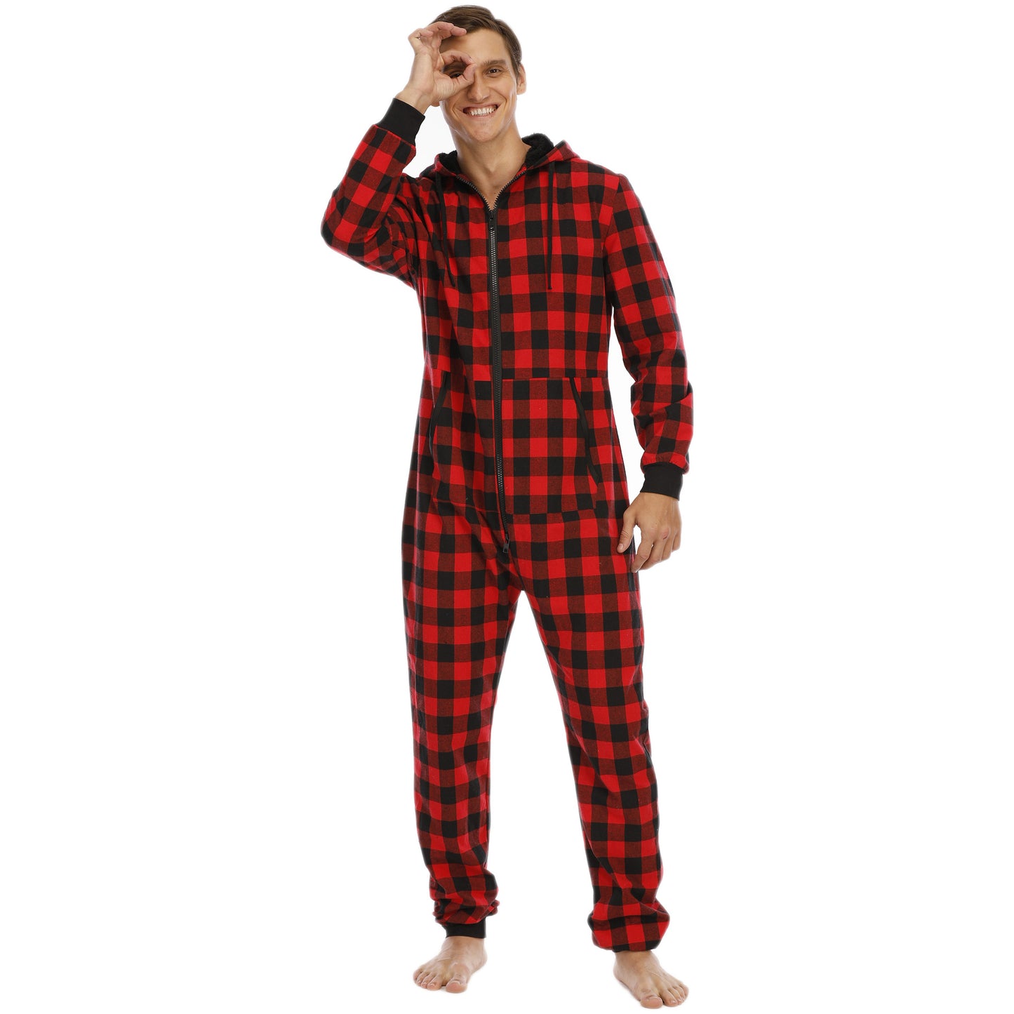 Flannel Check Hooded One-Piece For Men