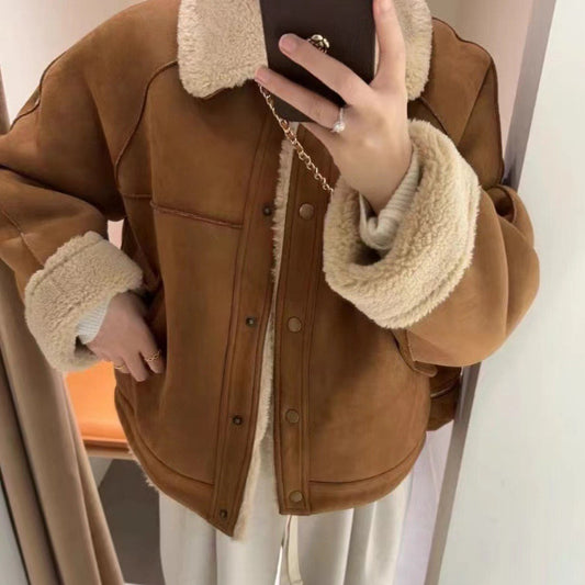 Warm Thick Fur Integrated Loose Short Lamb Wool Coat For Women