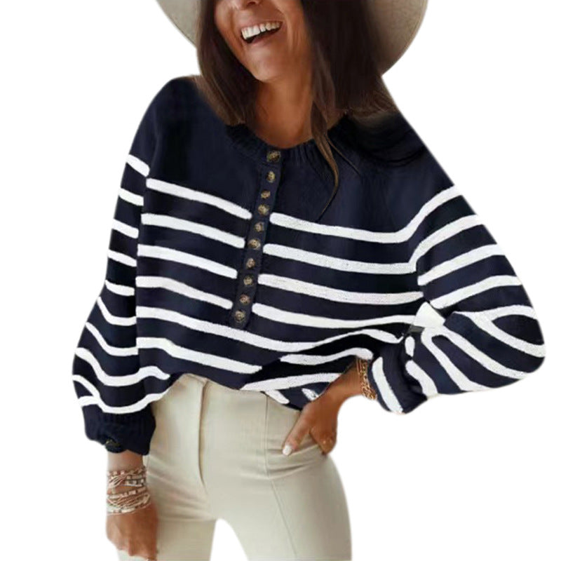 Striped Pullover Blouse Fashion Button For Women