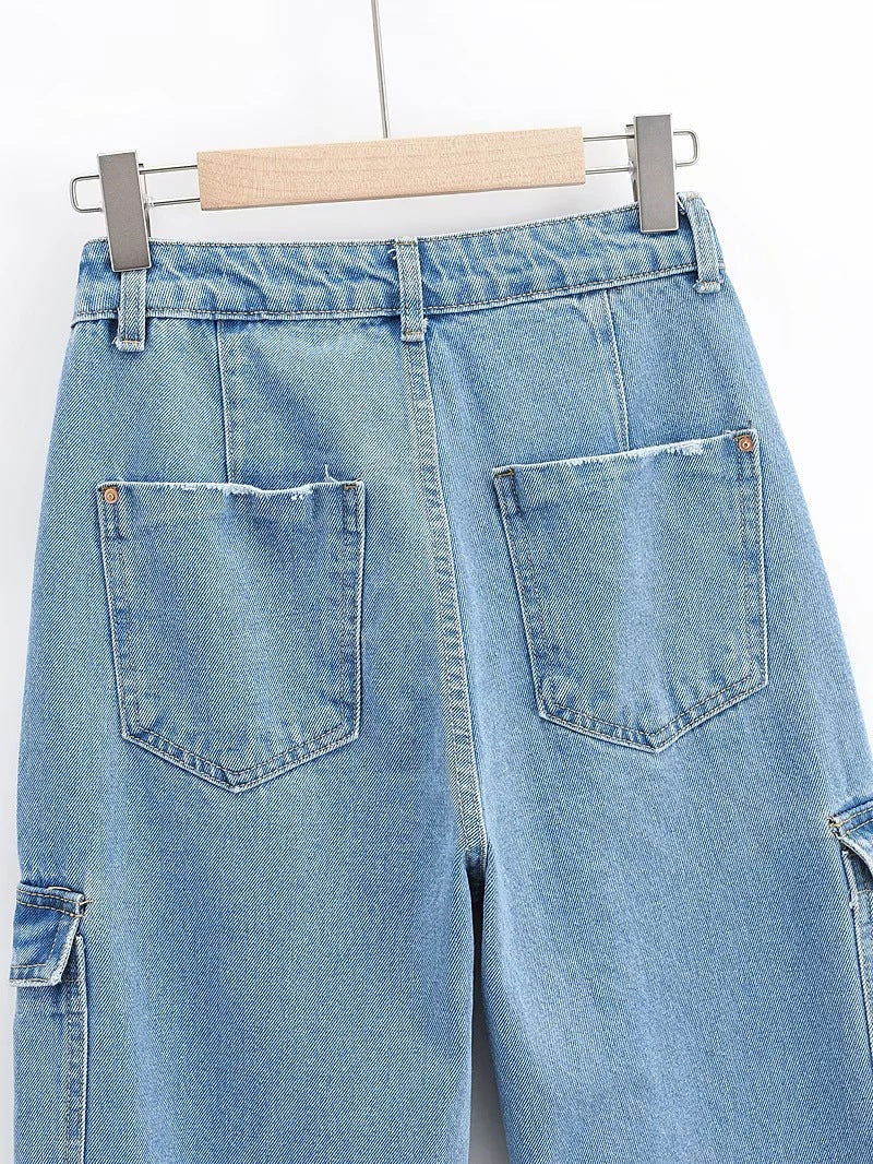 Washed Blue Pocket Decorated High Waist Jeans For Women