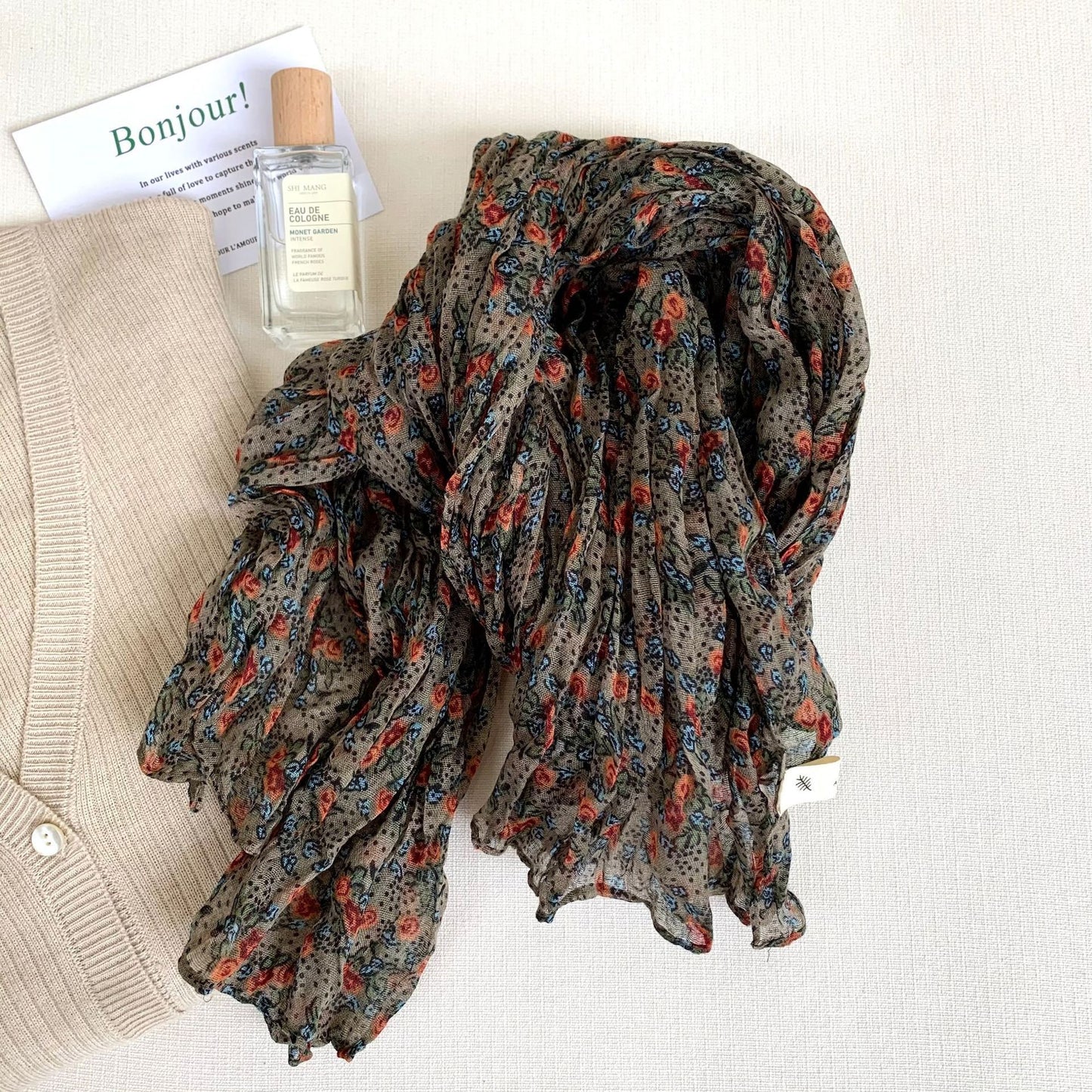 Artistic Retro Soft Small Floral Vintage Cotton And Linen Scarf For Women