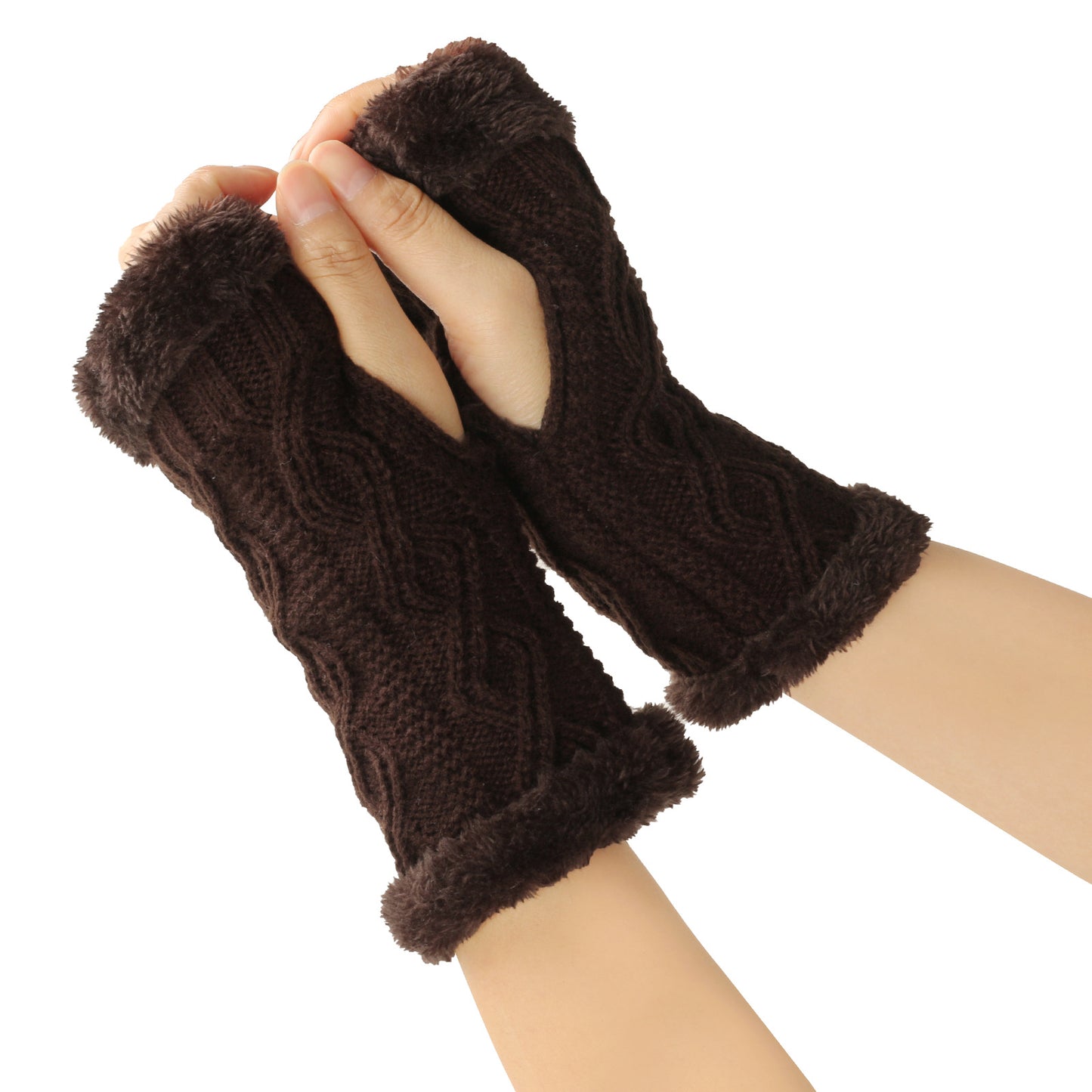 Rhombus Short Knitted Plus Fluff Thick Gloves for women