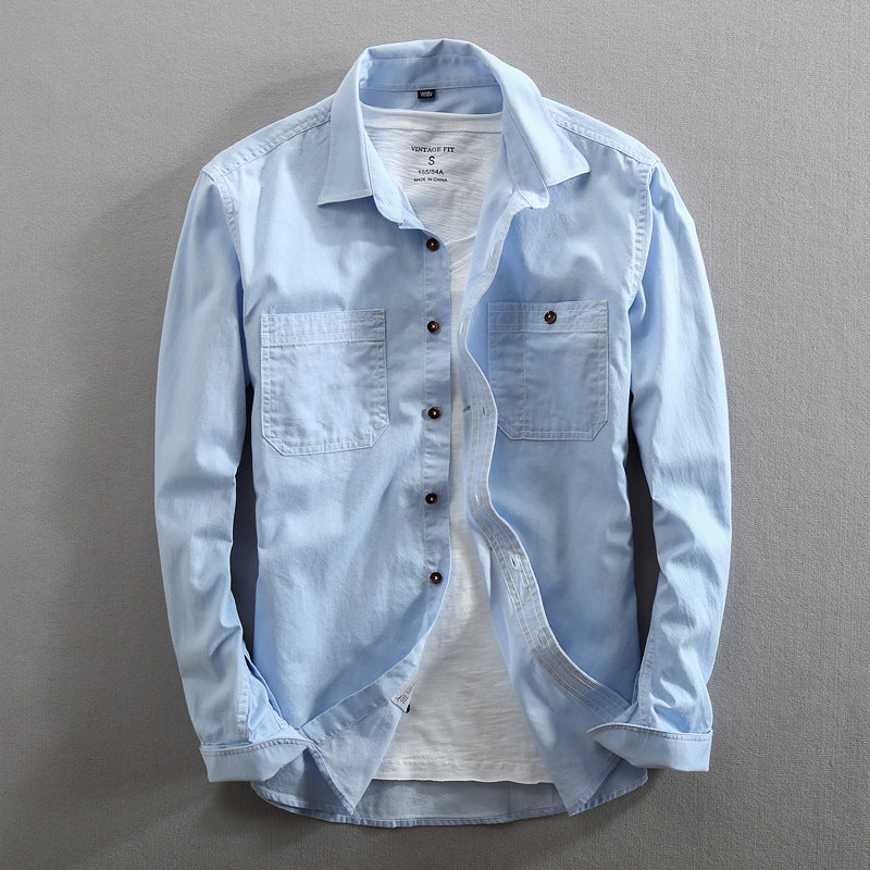 Man's Cotton Shirt Casual Loose Denim Lapel Shirt