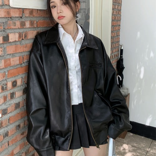 Retro Coffee Color Short Leather Jacket