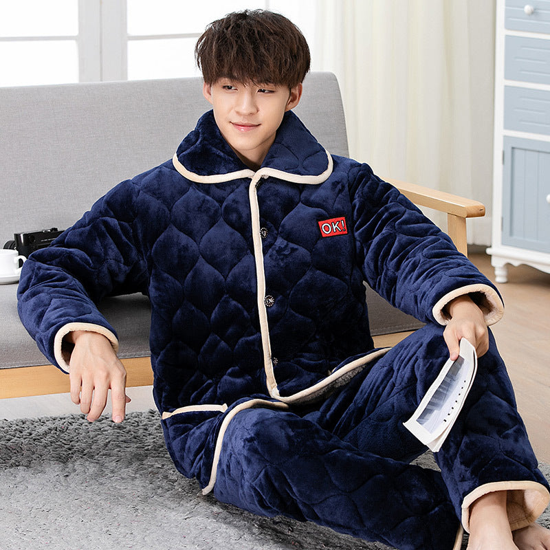 Winter Thickened Crystal Fleece Quilted Style Pajamas Set For Men