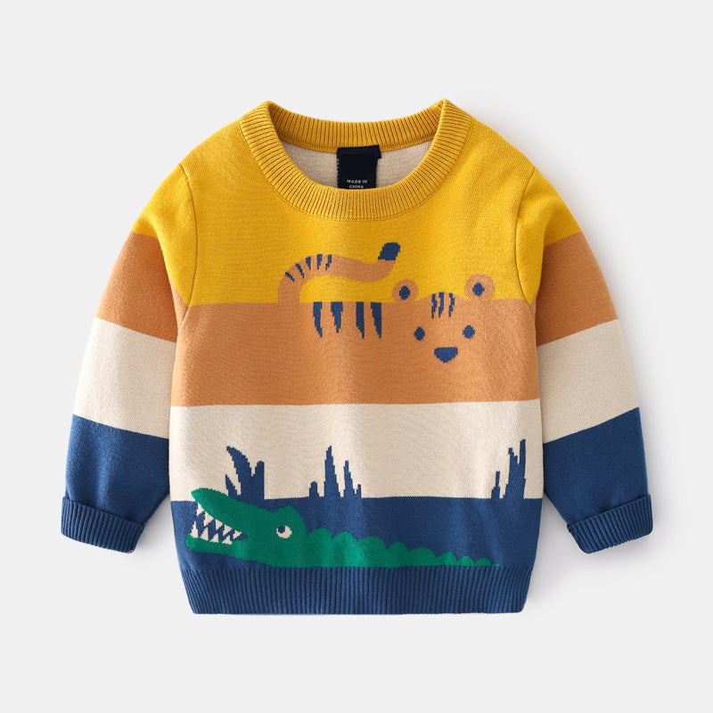 Abstract Cartoon Jacquard Double Layer Sweater For Boys