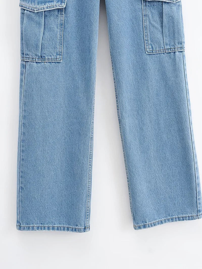 Washed Blue Pocket Decorated High Waist Jeans For Women