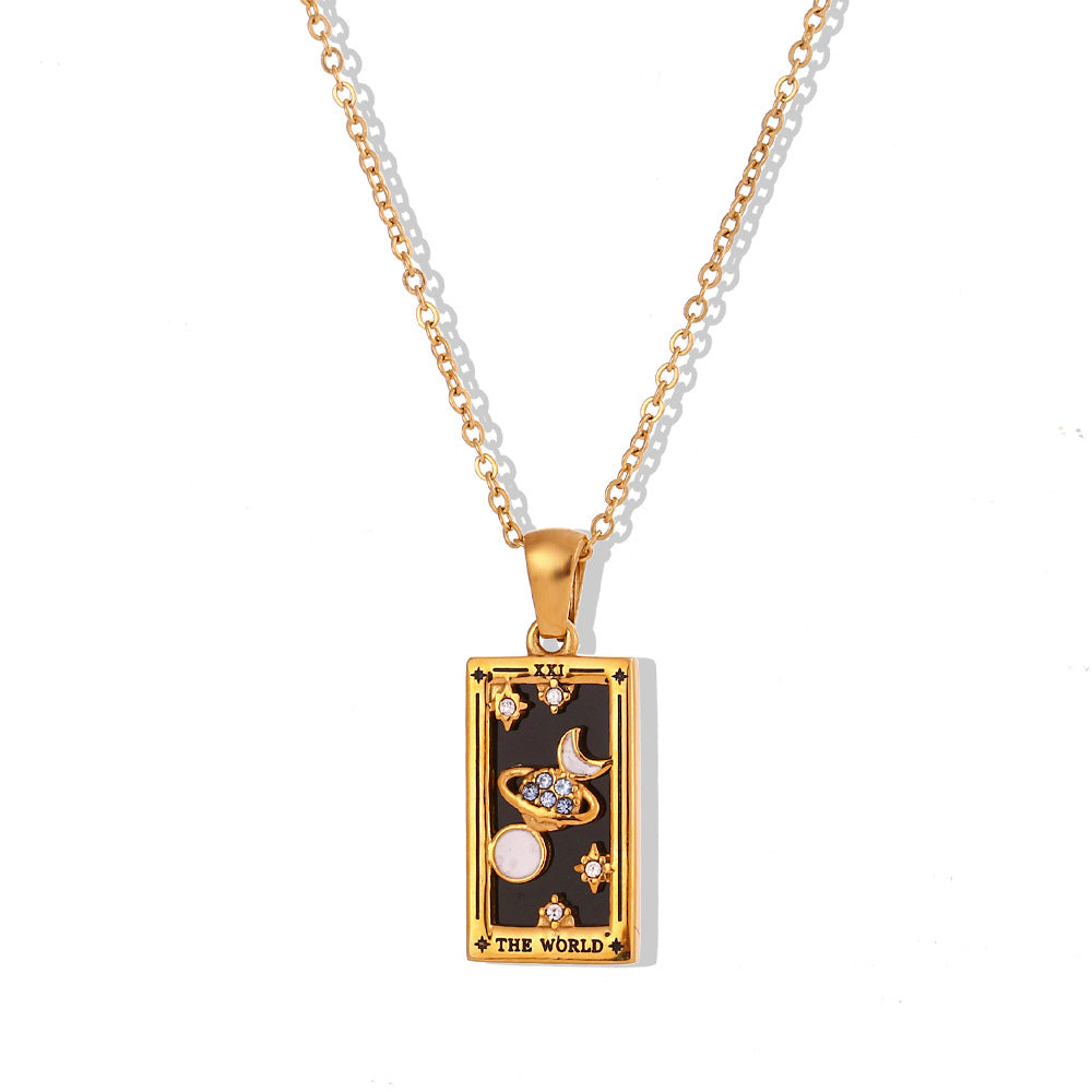 Retro Popular Selling Pendant Jewelry Stainless Steel Rectangular Drip Zircon Tarot Necklace