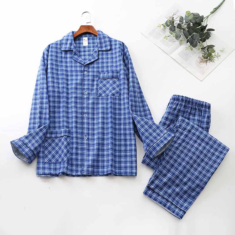 Long-Sleeved Brushed Plaid Pajama Set For Men