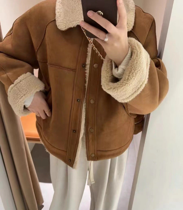 Warm Thick Fur Integrated Loose Short Lamb Wool Coat For Women