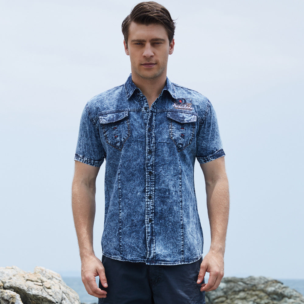 Men's Short Sleeve Denim Shirt Nostalgic Military Shirt