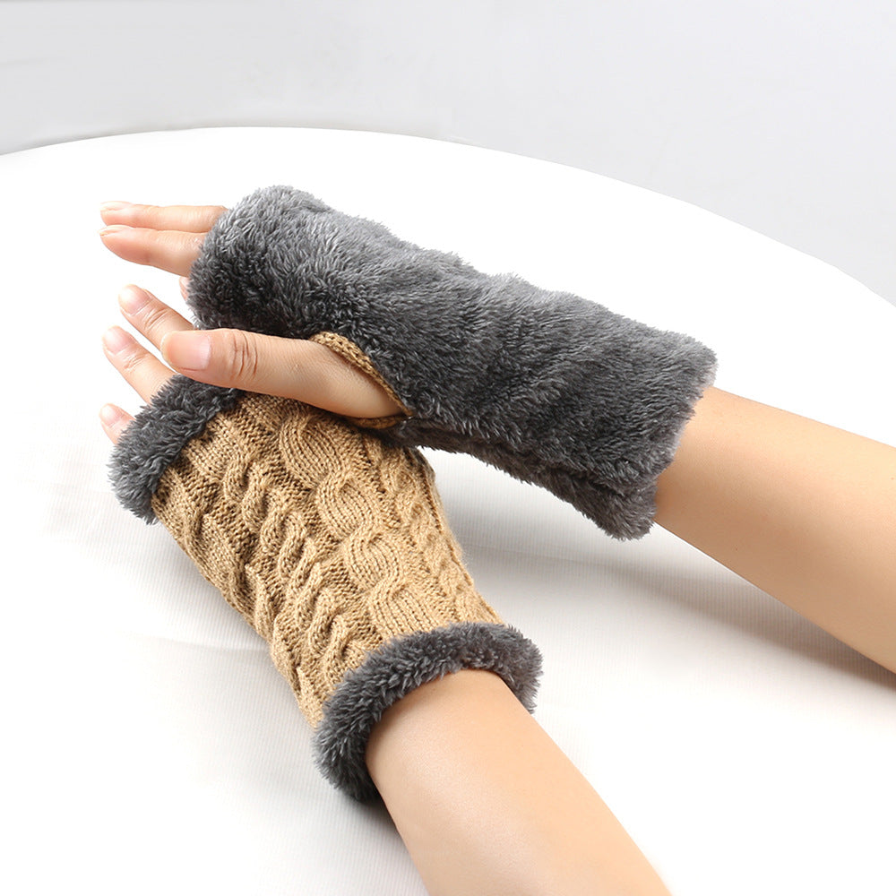 Plush and Twist Knitted Fingerless Fleece Gloves for Women