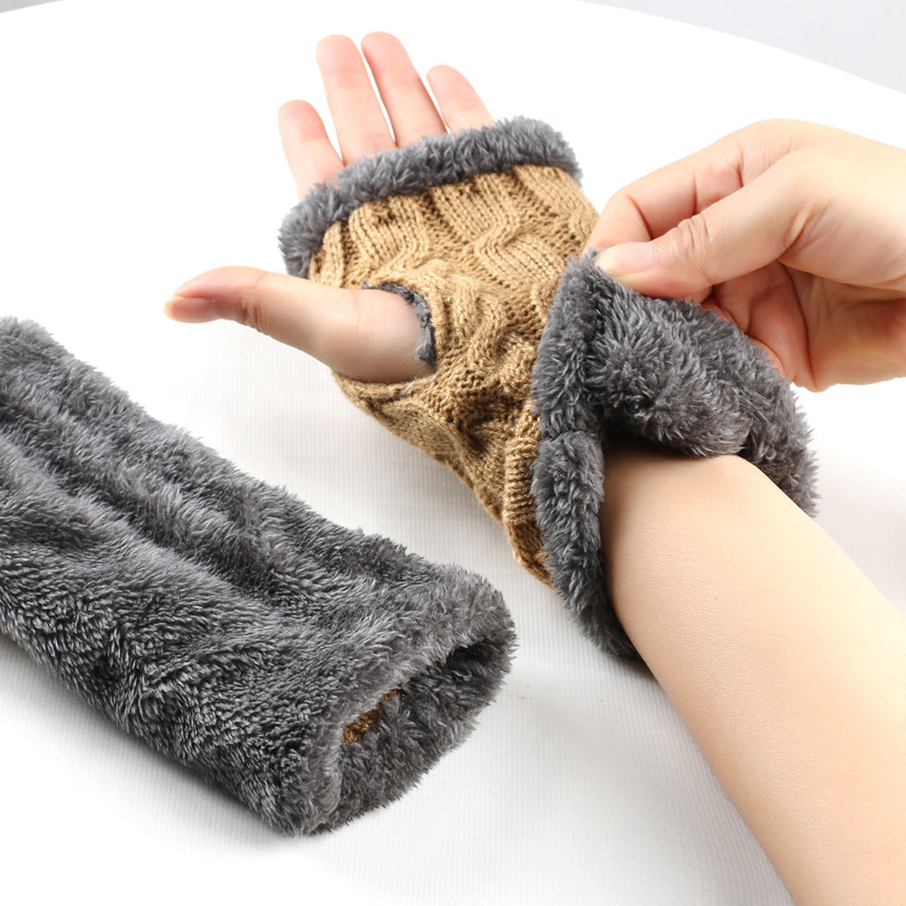 Plush and Twist Knitted Fingerless Fleece Gloves for Women