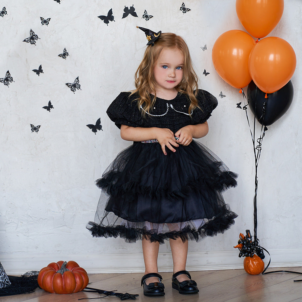 Halloween Mesh Stitching Puff Sleeve Dress for Girls