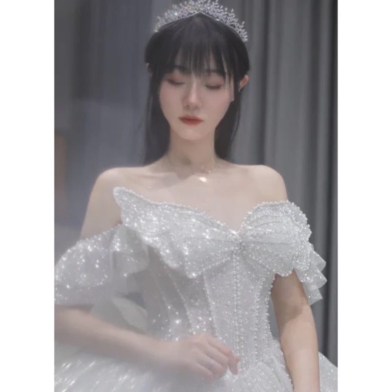 One-shoulder Long Trailing Heavy Industry Retro Wedding Dress for women