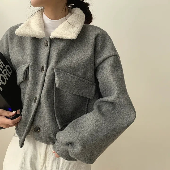 Thickened Collar Woolen Short Jacket For Women