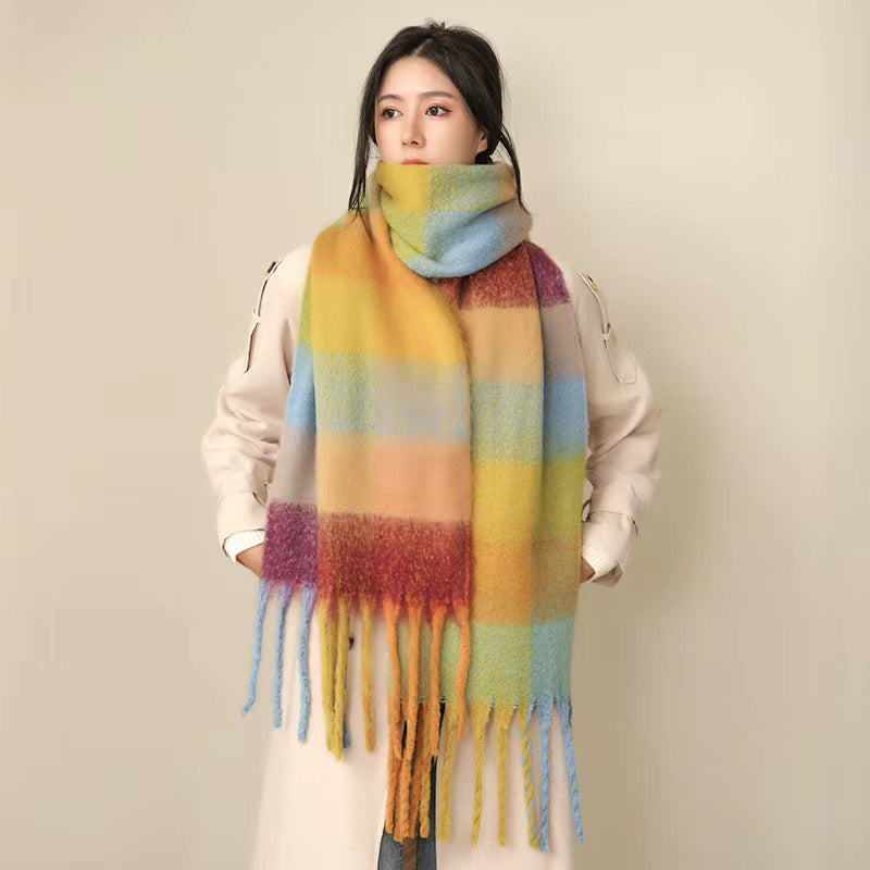 European And American Mohair Plush Warm Leisure Versatile Lattice Scarf