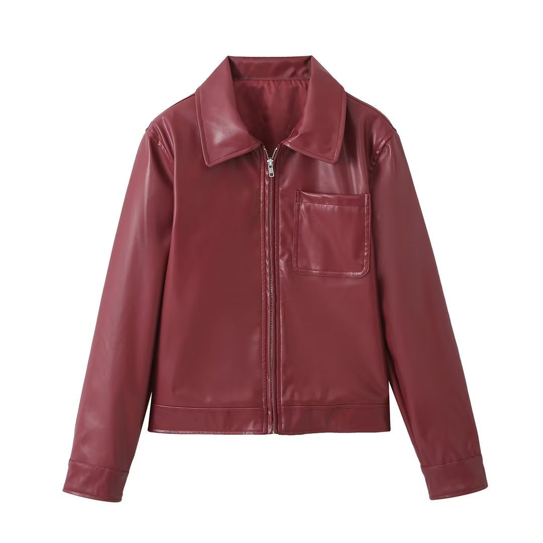 Retro Fashion Polo Collar Advanced PU Leather Jacket for women