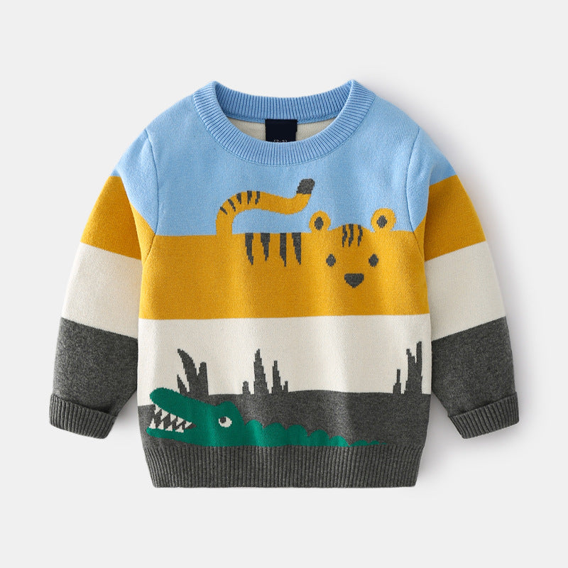 Abstract Cartoon Jacquard Double Layer Sweater For Boys