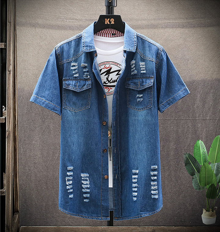 Summer New Short-sleeved Denim Shirt Men Slim Korean Shirt Youth Denim Jacket