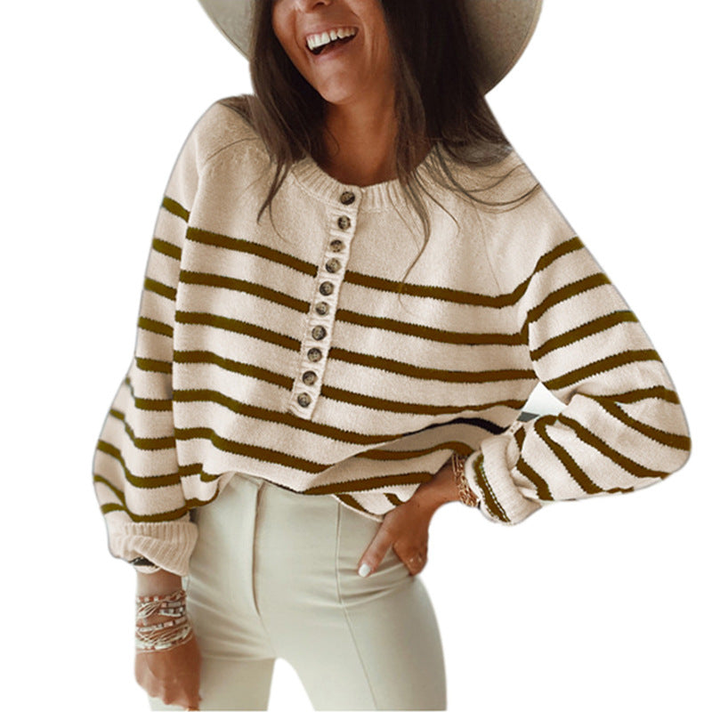 Striped Pullover Blouse Fashion Button For Women