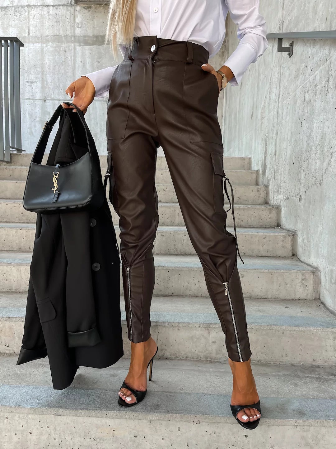 Leather Waist Skinny Trousers With Pockets For Women