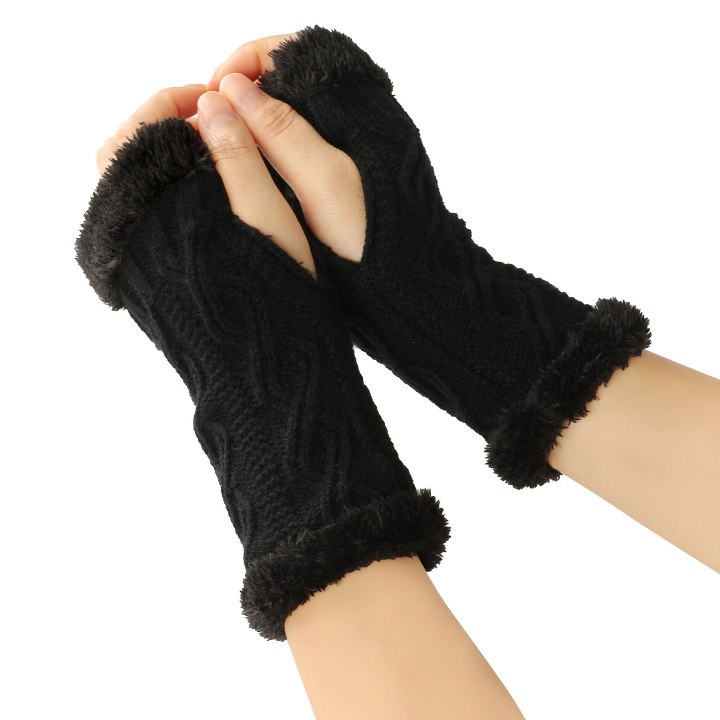 Rhombus Short Knitted Plus Fluff Thick Gloves for women