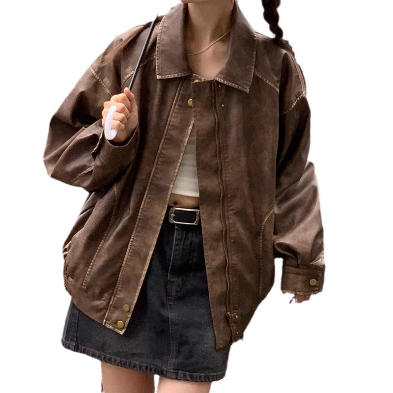 Retro Brushed Vintage Brown Leather Coat For Women