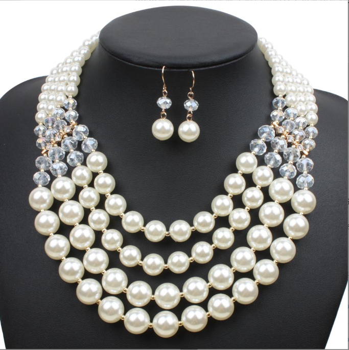 Europe necklace crystal pearl Long Necklace Earrings female bride jewelry set accessories