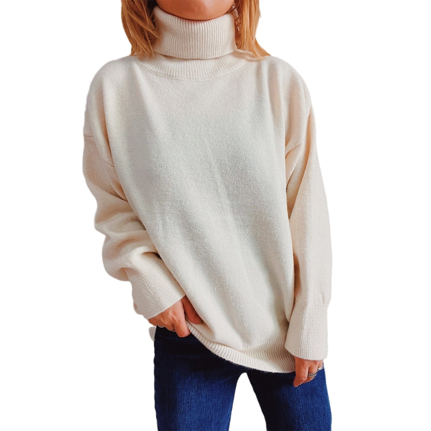 Top Solid Color Turtleneck Long Sleeve Shirts For Women