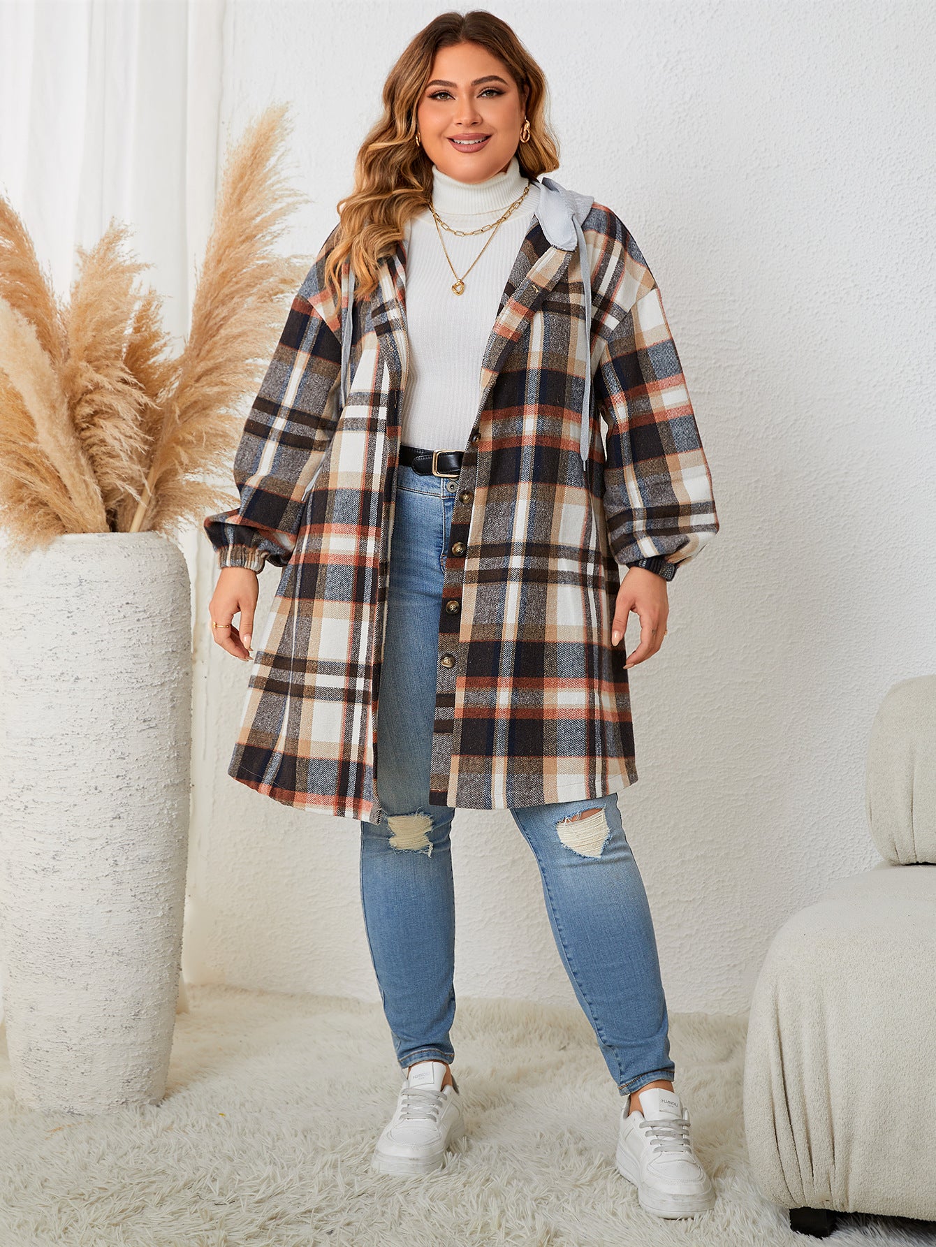 Autumn And Winter Plus-sized Plaid Hooded Mid-length Coat for women