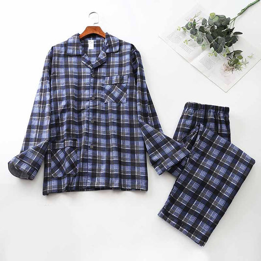 Long-Sleeved Brushed Plaid Pajama Set For Men