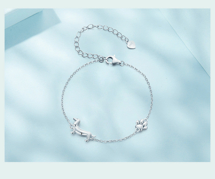 S925 Sterling Silver White Gold Plated Cute Sausage Dog Bracelet Ornament