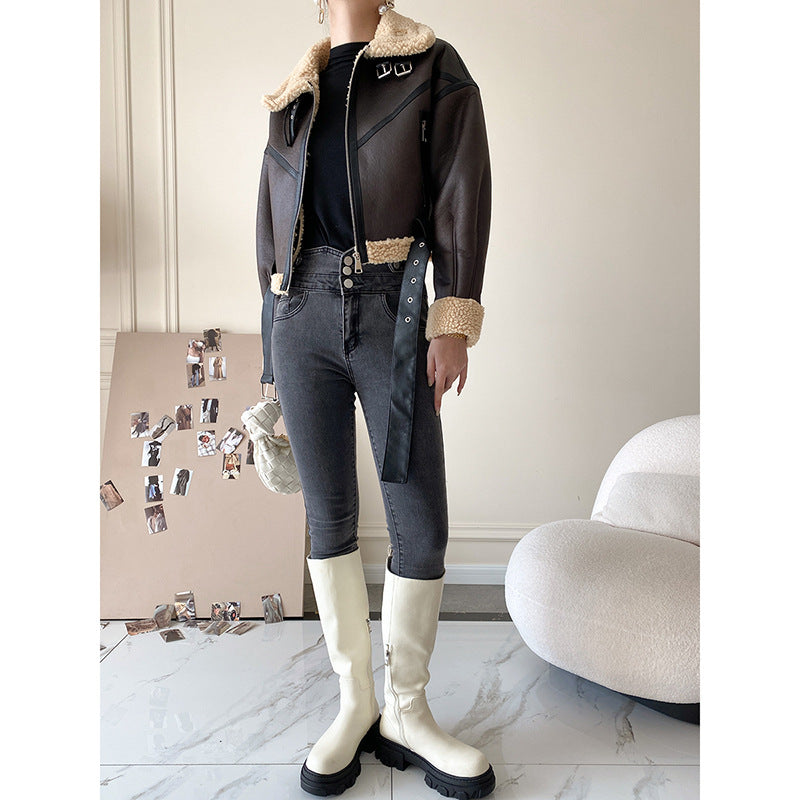 Short PU Lamb Fur Coat Women's Versatile Thickened