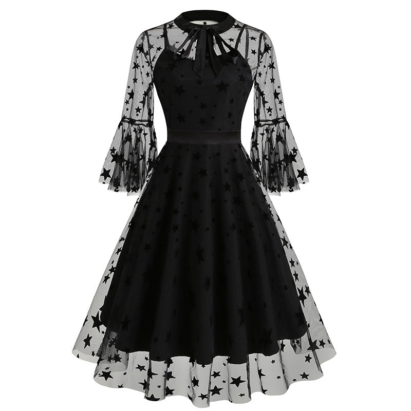 Vintage Mesh Embroidery Stitching Dress For Women