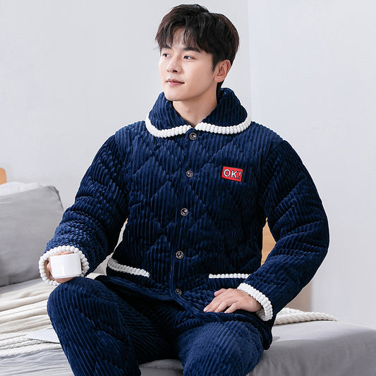 Winter Thickened Crystal Fleece Quilted Style Pajamas Set For Men